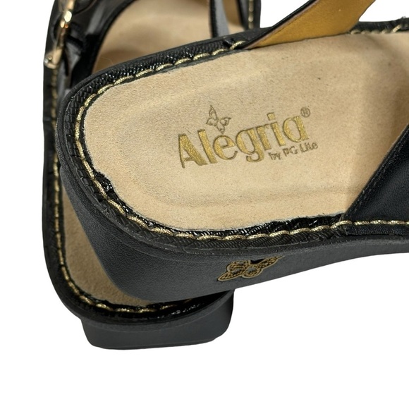 Alegria Black Pebble Leather Reptile Accent Adjust Ankle Strap Gold Buckle Sz 10 - Picture 8 of 14
